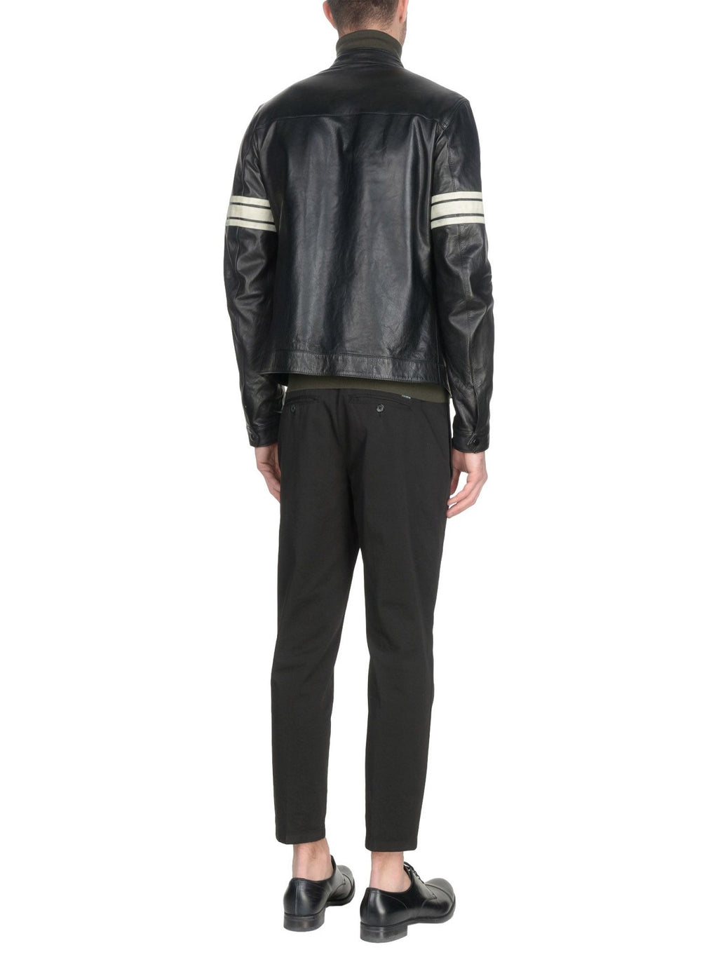 Men Black Leather Jacket With White Strips - Shearling leather