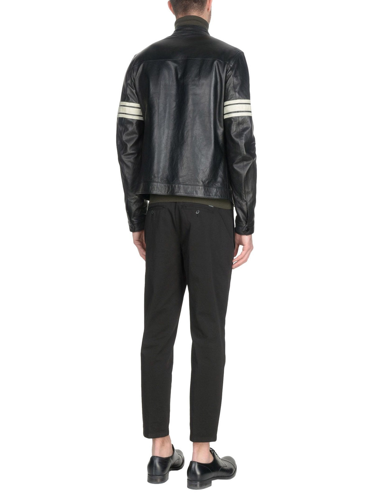 Men Black Leather Jacket With White Strips - Shearling leather