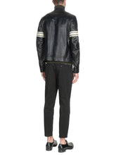 Load image into Gallery viewer, Men Black Leather Jacket With White Strips - Shearling leather
