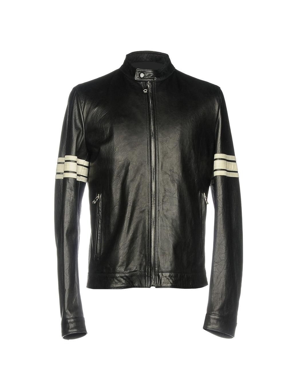 Men Black Leather Jacket With White Strips - Shearling leather
