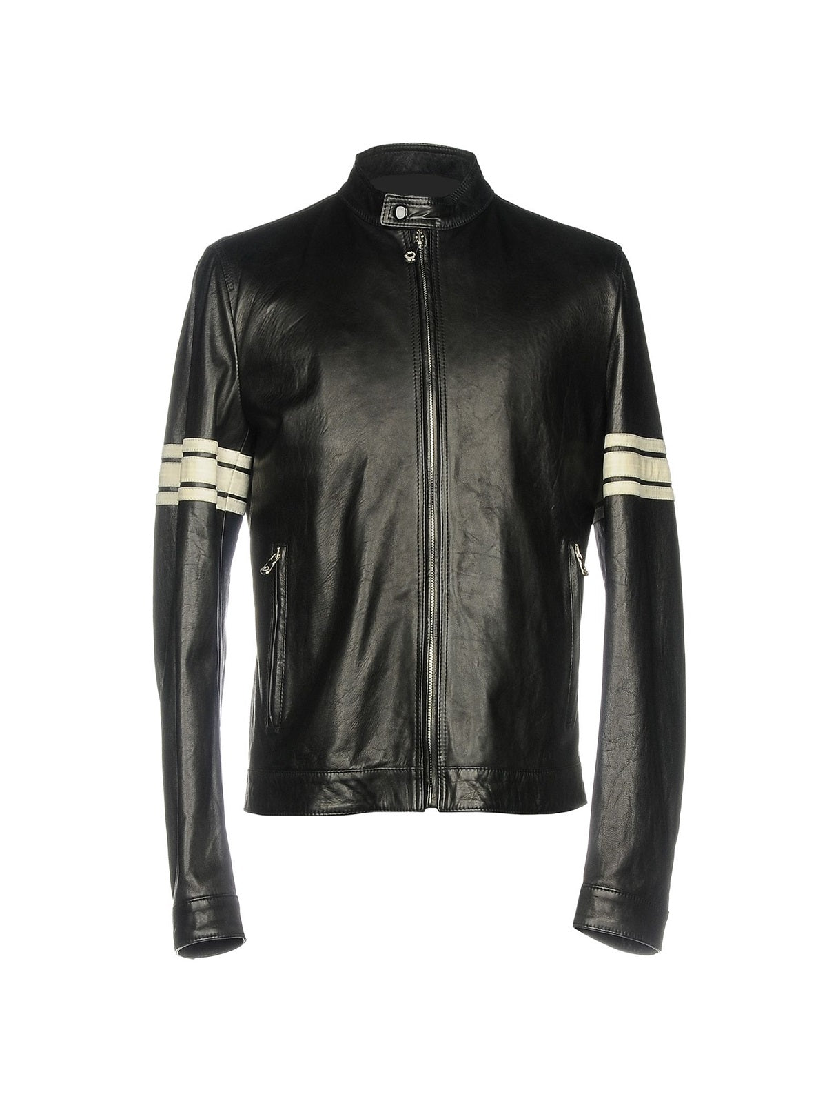 Men Black Leather Jacket With White Strips - Shearling leather