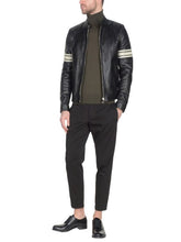 Load image into Gallery viewer, Men Black Leather Jacket With White Strips - Shearling leather
