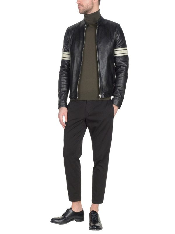 Men Black Leather Jacket With White Strips - Shearling leather