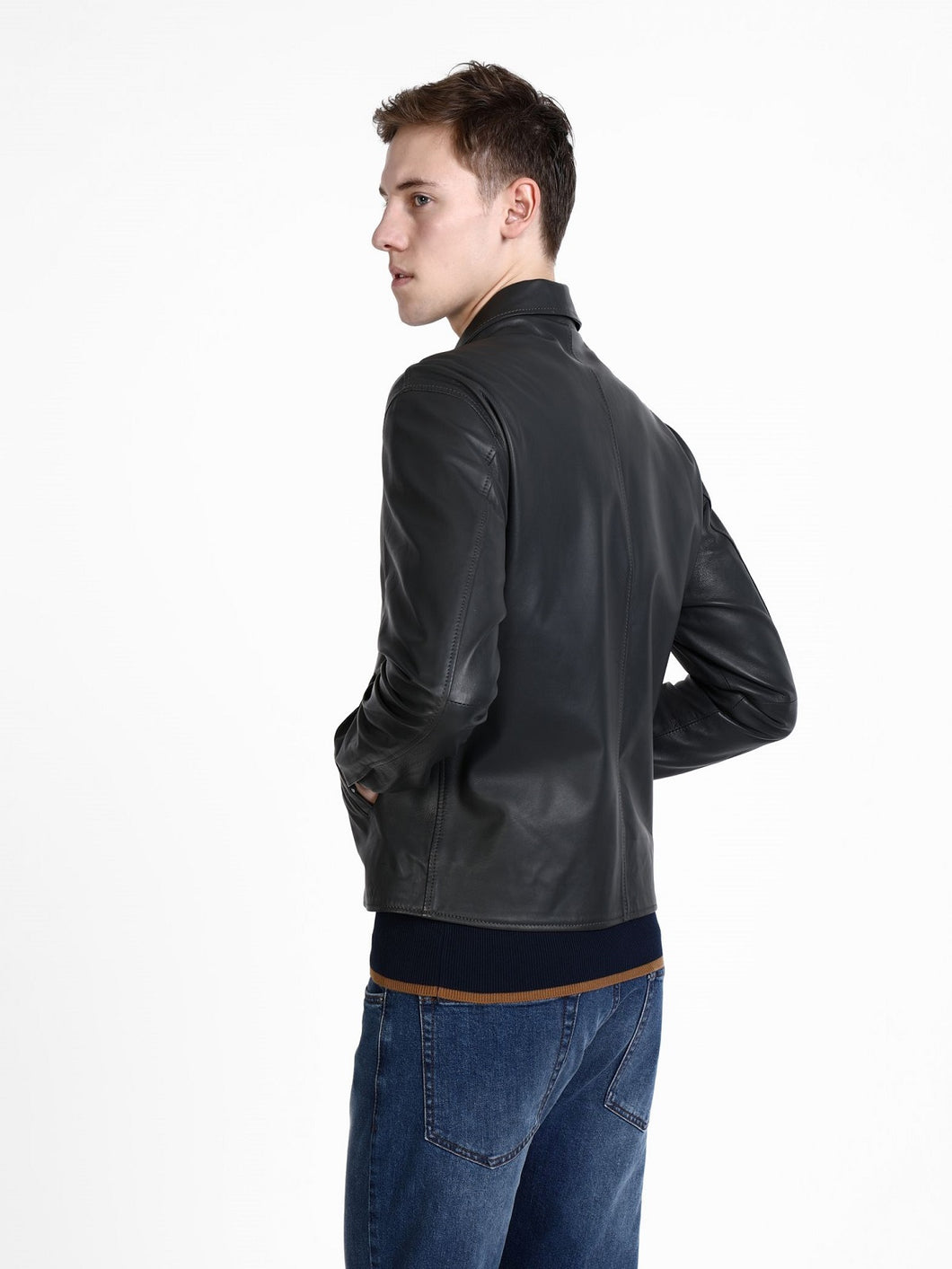 Men Black Shirt Leather Jacket - Shearling leather