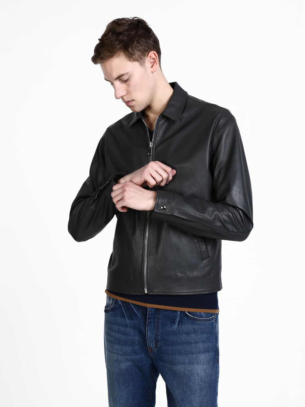 Men Black Shirt Leather Jacket - Shearling leather