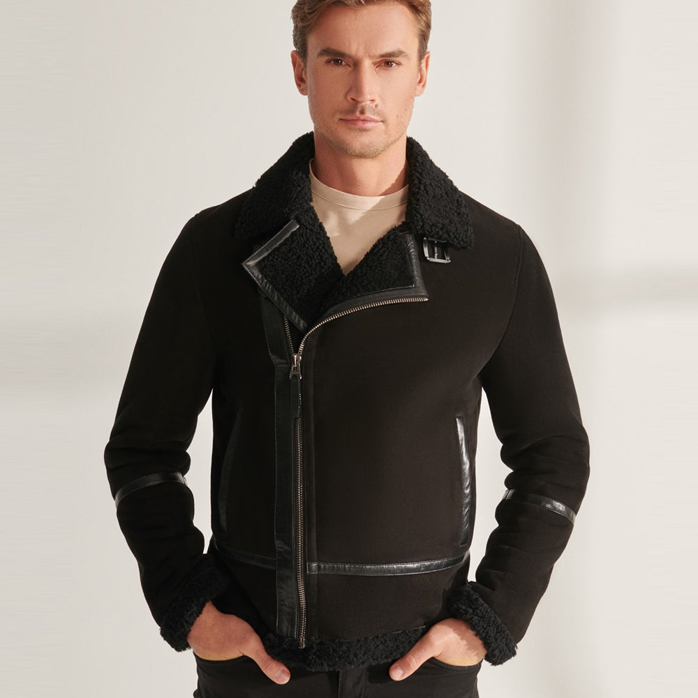Men Black Pilot Sheepskin Shearling Leather Aviator Jacket