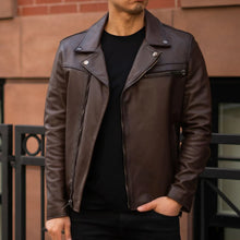 Load image into Gallery viewer, Men Brown Motorcycle Leather Racer Jacket
