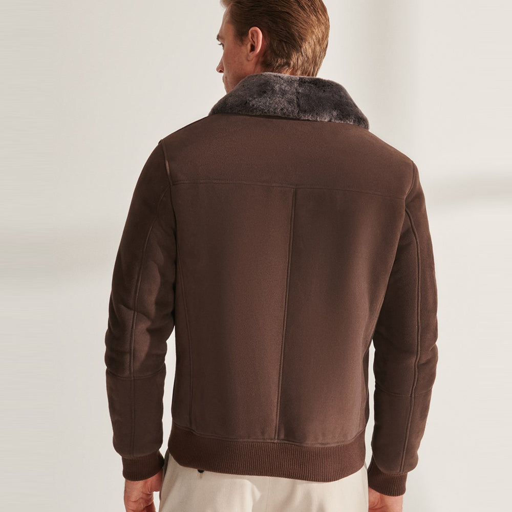 Men Brown Shearling Aviator Leather Bomber Jacket 