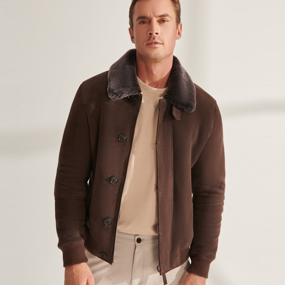Men Brown Shearling Aviator Leather Bomber Jacket 