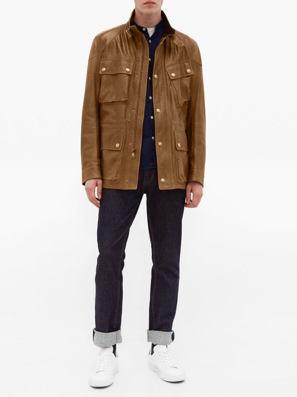 Men Brown Utility Leather Jacket - Shearling leather