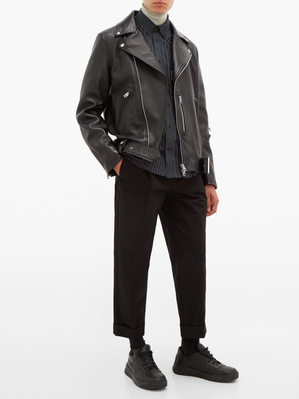 Men Classic Black Biker Leather Jacket - Shearling leather
