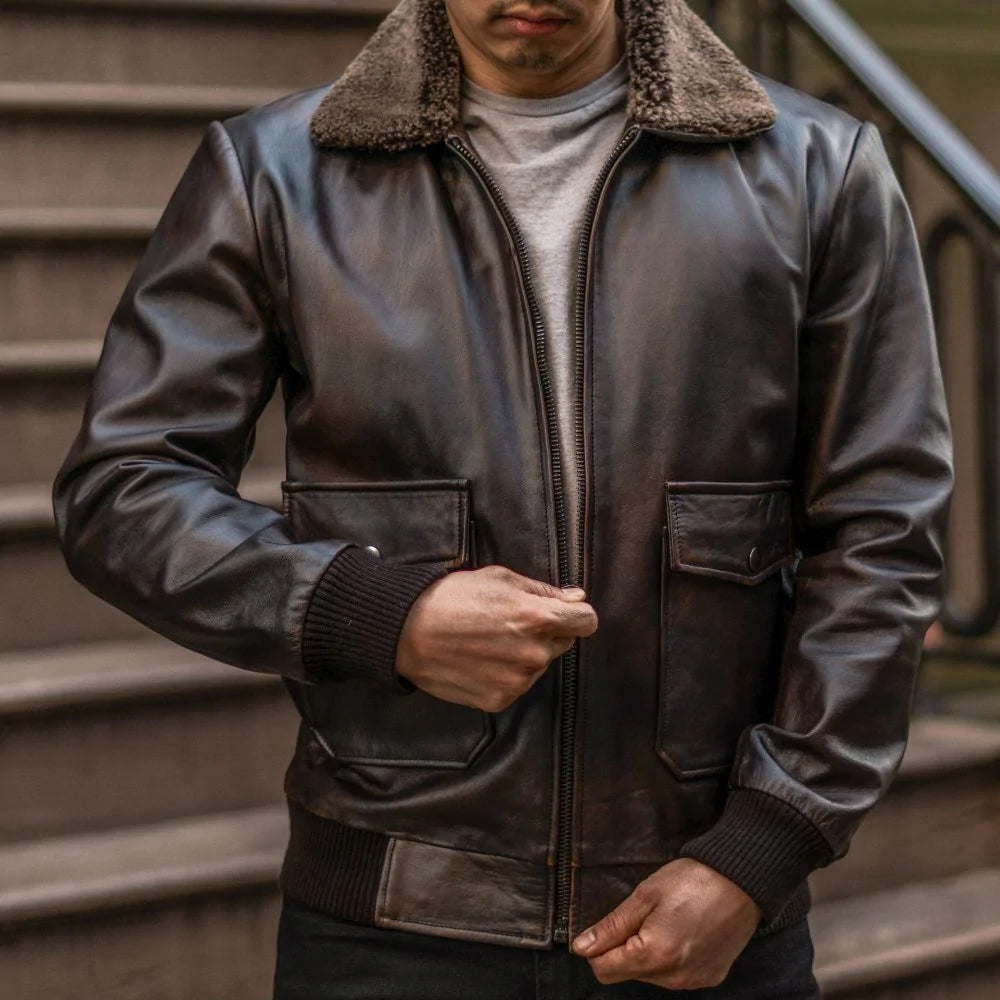 Men G-1 Flight Iconic Brown Leather Bomber Jacket 