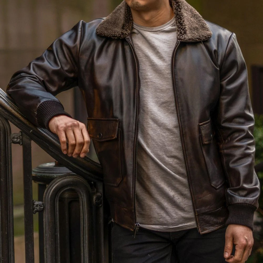 Men G-1 Flight Iconic Brown Leather Bomber Jacket - Flight Jacket