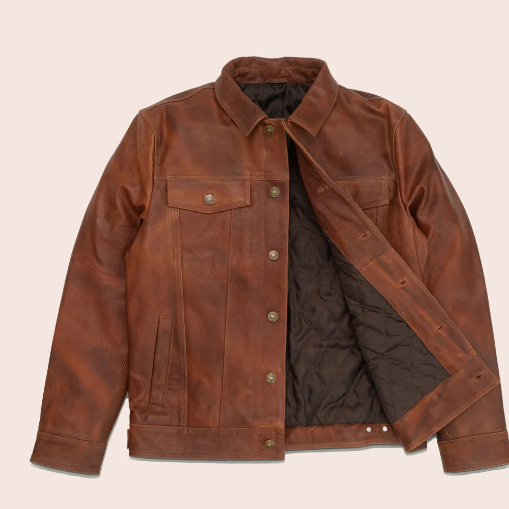 Men Goatskin Plain Brown Trucker Leather Jacket Brown Leather Jacket