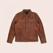 Load image into Gallery viewer, Men Goatskin Plain Brown Trucker Leather Jacket

