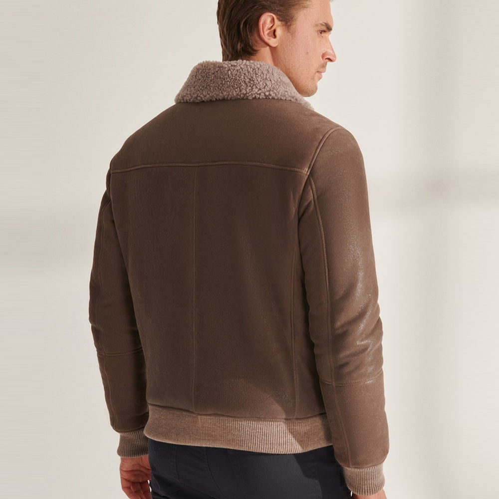 Men Light Brown Sheepskin Shearling Leather Bomber Jacket 