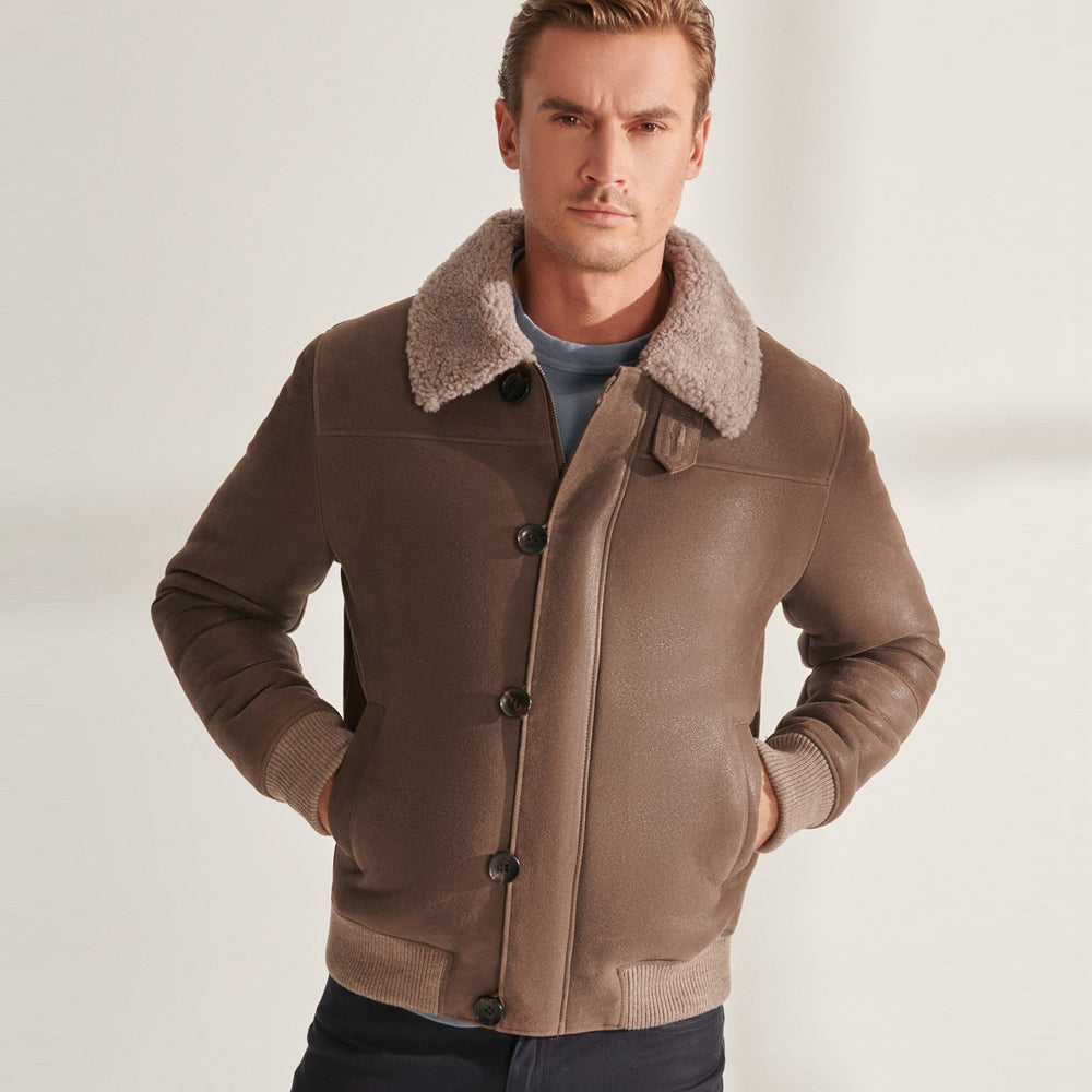 Men Light Brown Sheepskin Shearling Leather Bomber Jacket 
