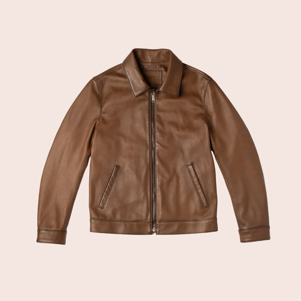 Men Point Collar Classic Brown Leather Jacket