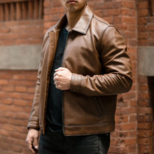 Load image into Gallery viewer, Men Point Collar Classic Brown Leather Jacket
