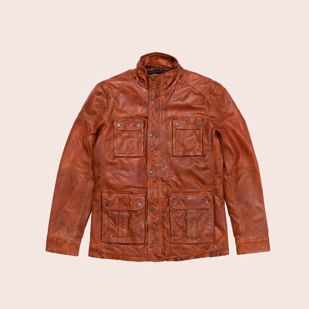 Men Pure Fine Grain Lambskin Brown Leather Field Jacket