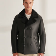 Load image into Gallery viewer, Mens Classic Black Flying Sheepskin Shearling Long Aviator Leather Jacket Coat
