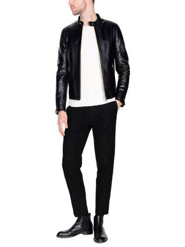 Men Shinny Black Leather Jacket - Shearling leather