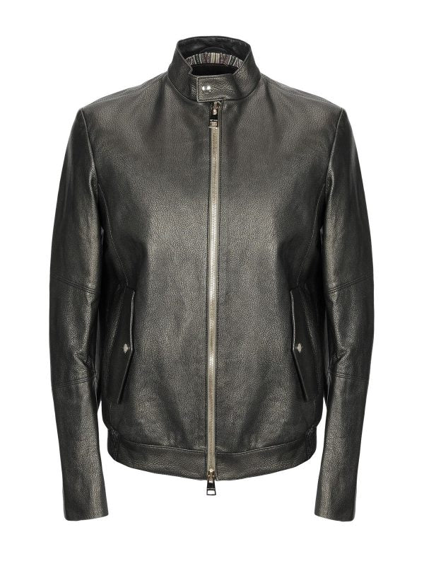 Men Shinny Jet Black Leather Jacket - Shearling leather