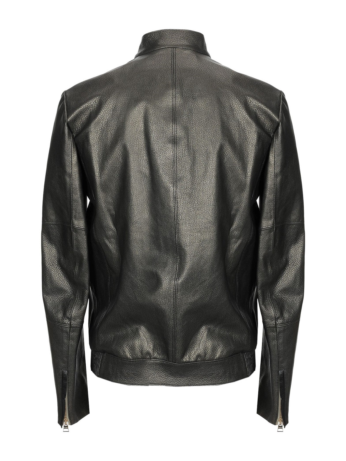 Men Shinny Jet Black Leather Jacket - Shearling leather