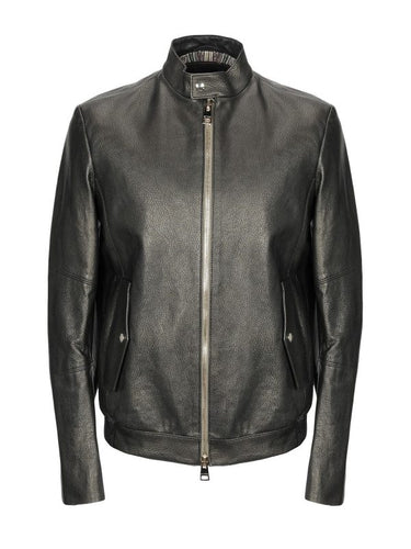 Men Shinny Jet Black Leather Jacket - Shearling leather