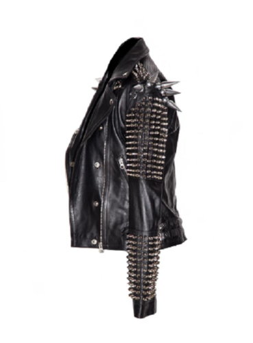 Men Silver Studded Long Spiked Jacket Leather Black Rock Punk Style Jacket - Shearling leather