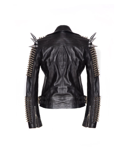 Men Silver Studded Long Spiked Jacket Leather Black Rock Punk Style Jacket - Shearling leather