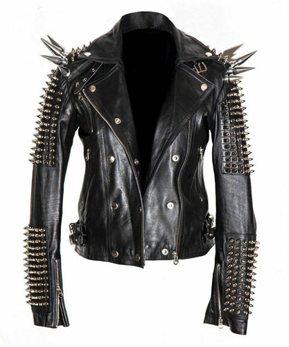 Men Silver Studded Long Spiked Jacket Leather Black Rock Punk Style Jacket - Shearling leather