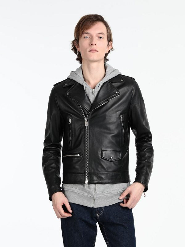 Men Stylish Biker Leather Jacket - Shearling leather