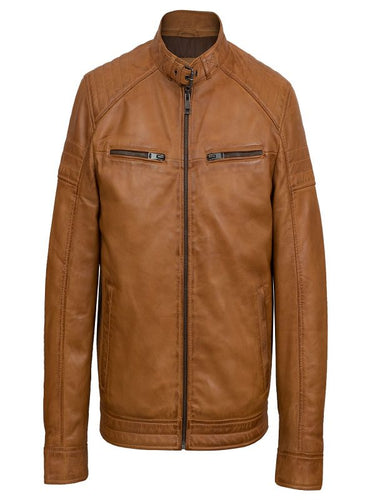 Men Tan Brown Biker Jacket - Shearling leather