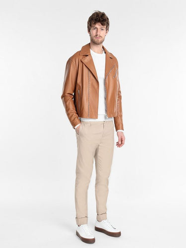 Men Tan Brown Biker Leather Jacket - Shearling leather