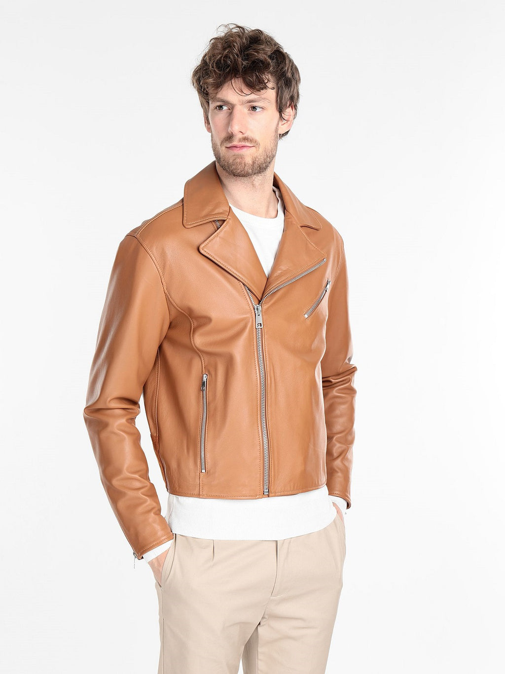 Men Tan Brown Biker Leather Jacket - Shearling leather
