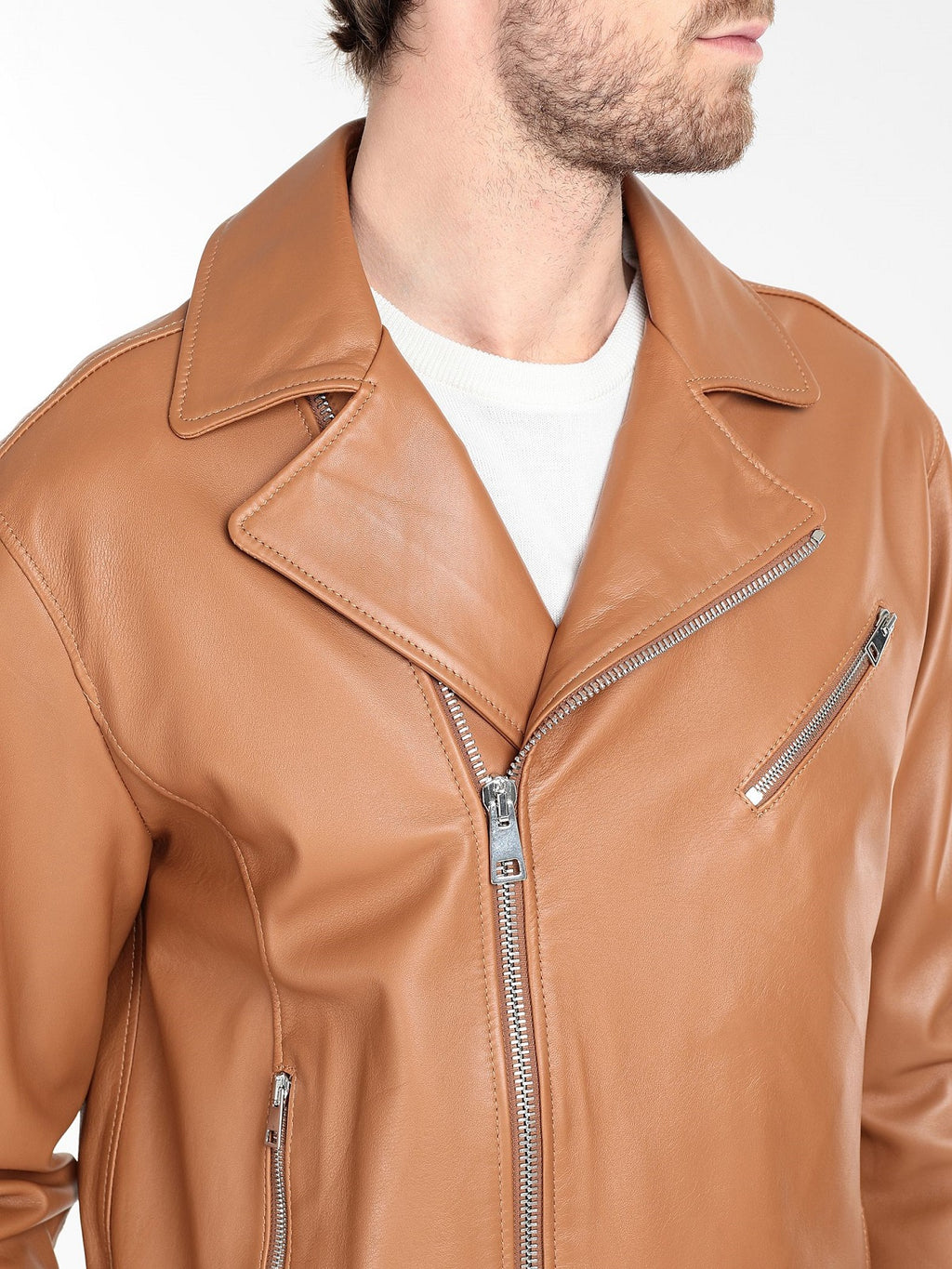 Men Tan Brown Biker Leather Jacket - Shearling leather