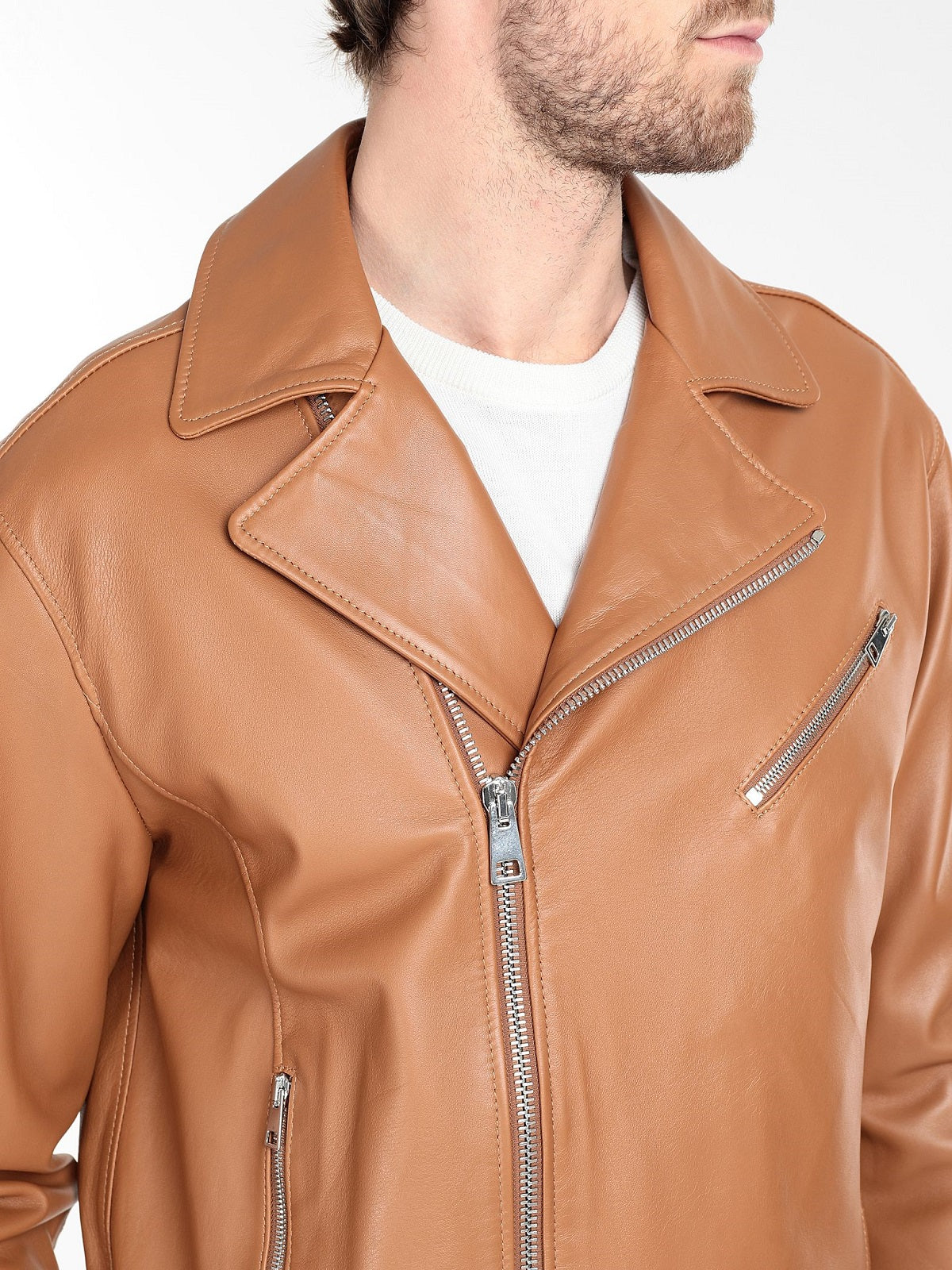 Men Tan Brown Biker Leather Jacket - Shearling leather