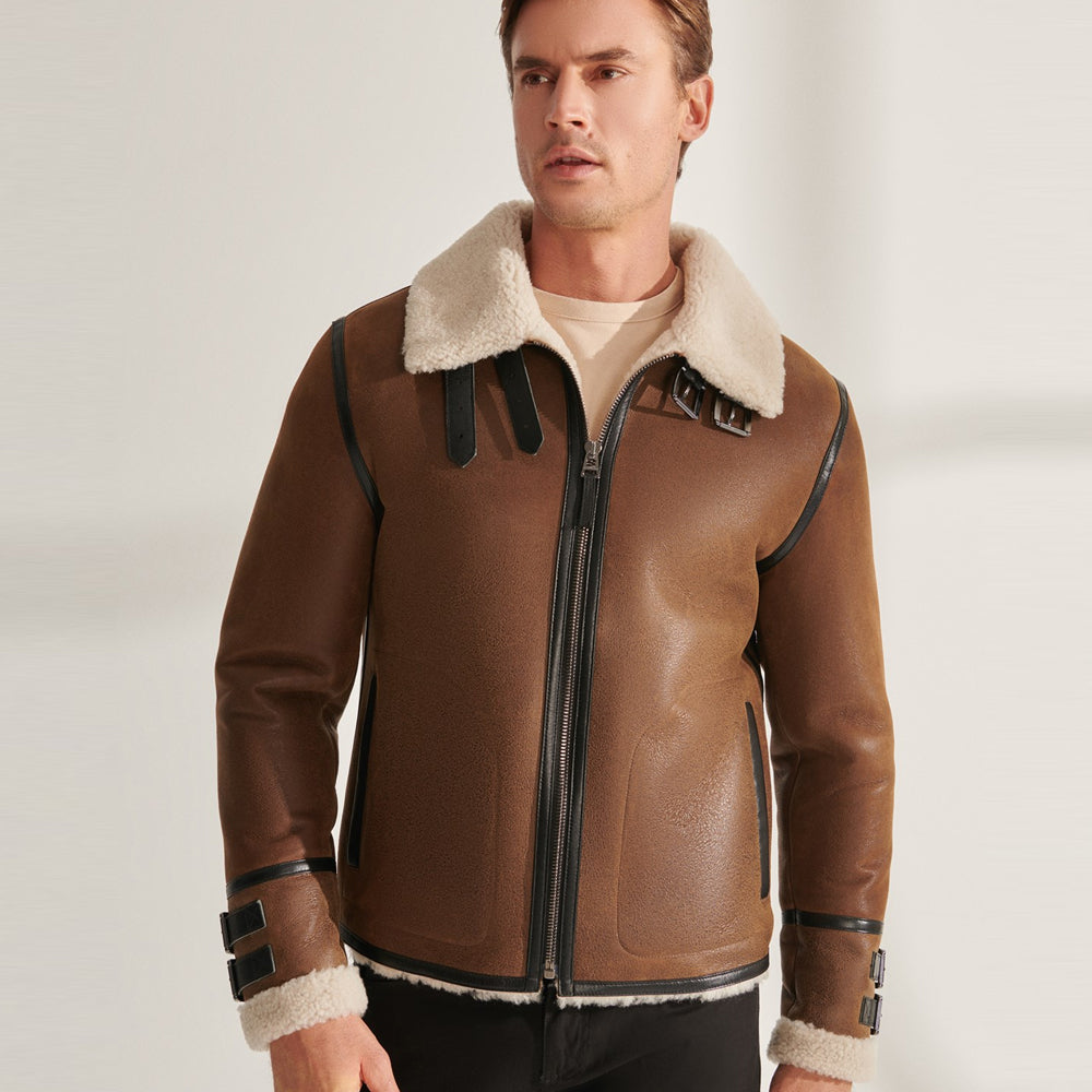 Men B3 RAF Tan Brown Pilot Shearling Leather Aviator Jacket 