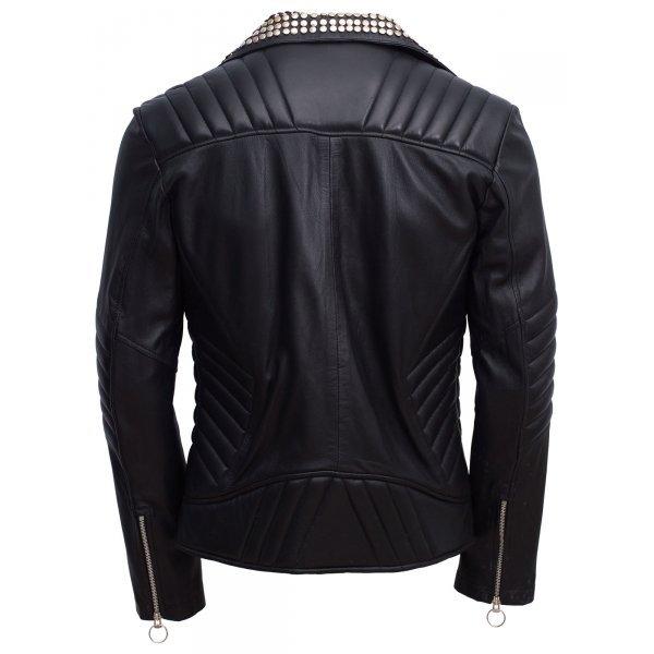 Black Silver Studded Leather Jacket for mens - Shearling leather