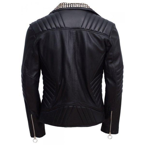 Black Silver Studded Leather Jacket for mens - Shearling leather