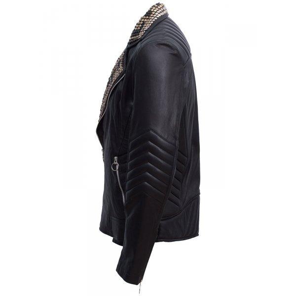 Black Silver Studded Leather Jacket for mens - Shearling leather