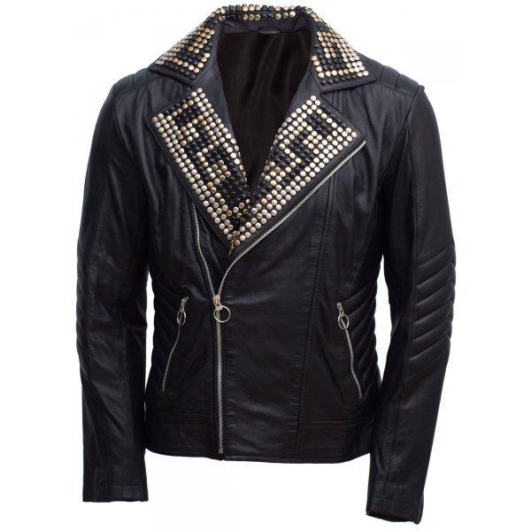 Black Silver Studded Leather Jacket for mens - Shearling leather