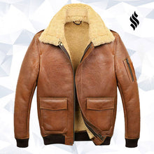 Load image into Gallery viewer, Men’s Aviator Camel Brown A2 Fur Shearling Leather Bomber Jacket - Shearling Leather Jacket
