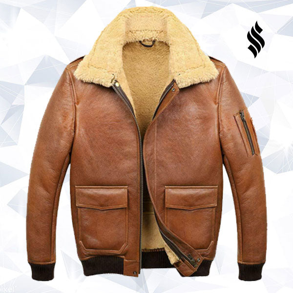 Men’s Aviator Camel Brown A2 Fur Shearling Leather Bomber Jacket - Shearling Leather Jacket