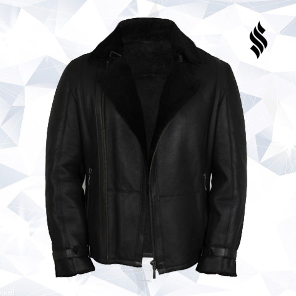Men's Luxury Double Aviator Black Real Shearling Sheepskin Leather Flying Jacket - Shearling leather