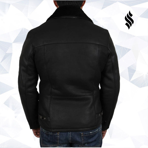Men's Luxury Double Aviator Black Real Shearling Sheepskin Leather Flying Jacket - Shearling leather
