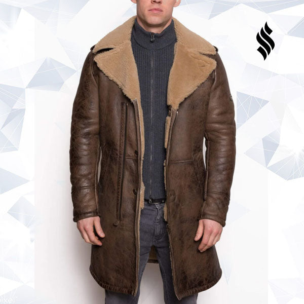 Men’s B3 aviator Sheepskin Shearling Leather Trench Brown Coat - Shearling leather