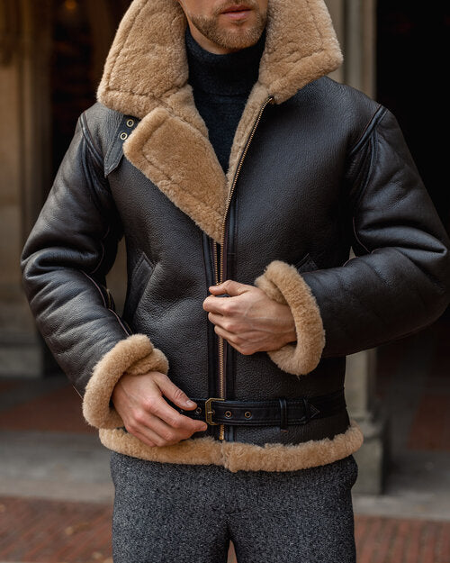 Men's Black Belted B3 Flying RAF Aviator Sheepskin Shearling Leather Jacket With Fur 
