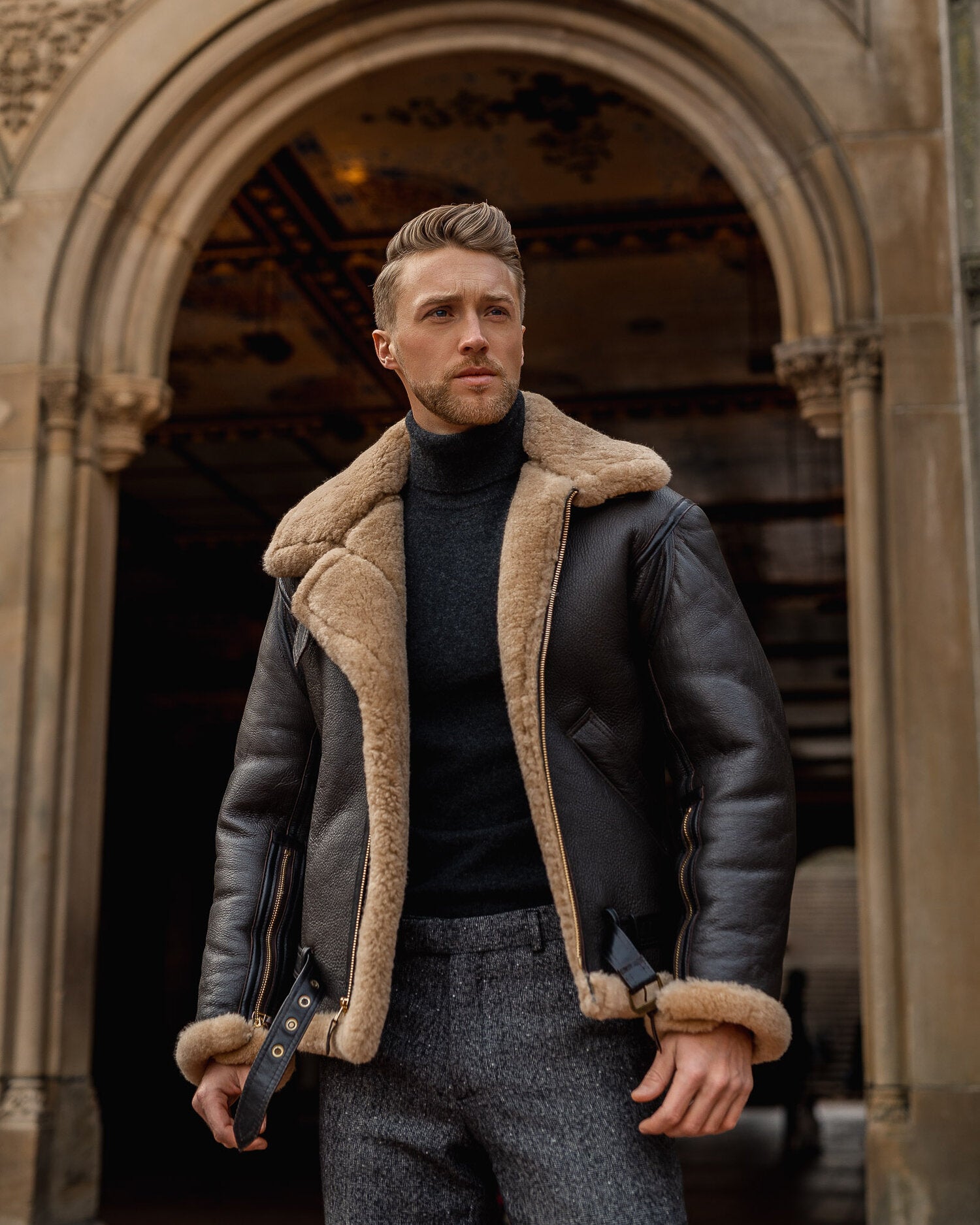 Mens shearling jacket sale on sale